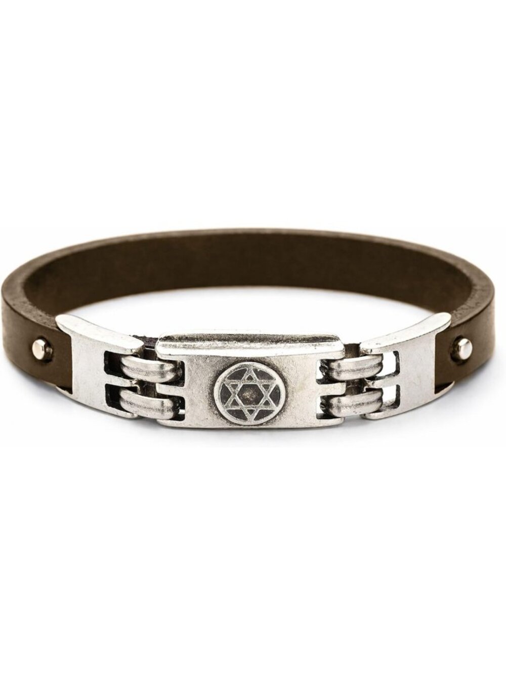 Brown Leather Star of David Bracelet for Men, Adjustable Pewter Charm Gift
